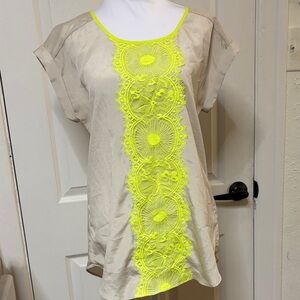 Express Beige Tunic with Neon Yellow Lace Panel